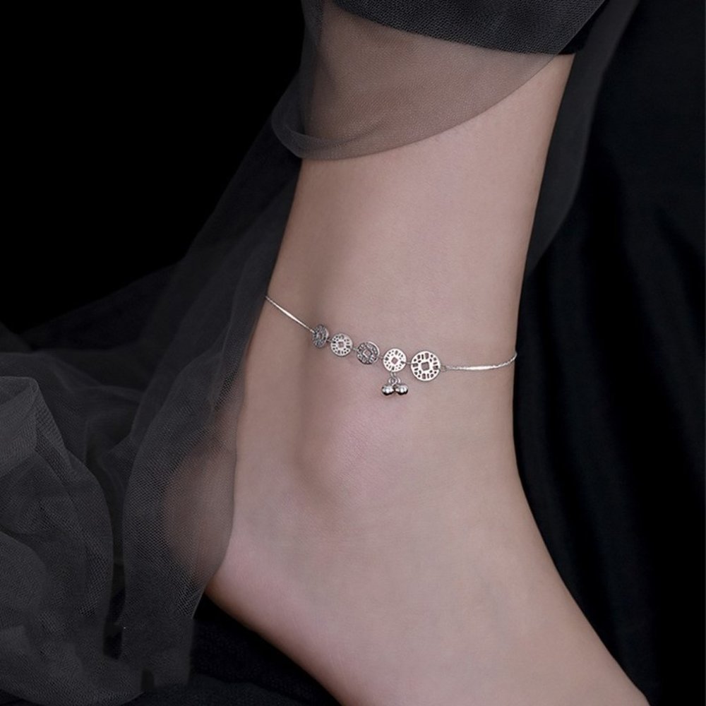 "925 Silver Plated Round Coin Dangle Tassel Anklet, - Picture 4 of 7